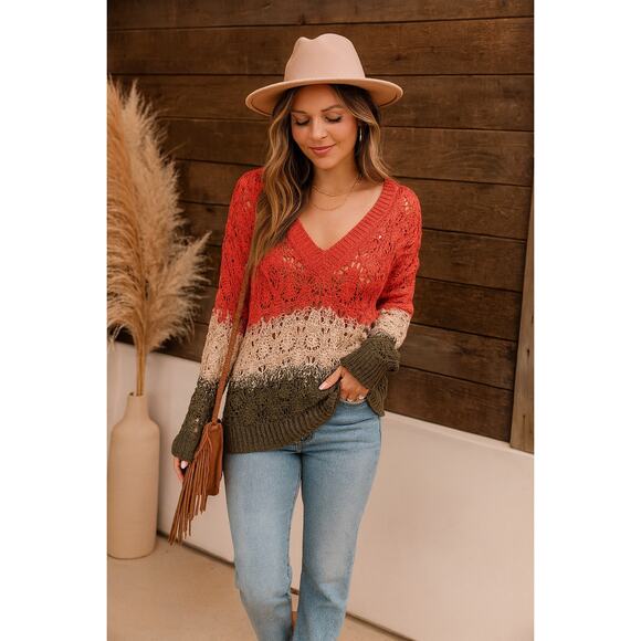 POL Crochet Open Knit Sweater | Rust Beige Olive Color block Boho | Medium - Picture 1 of 11